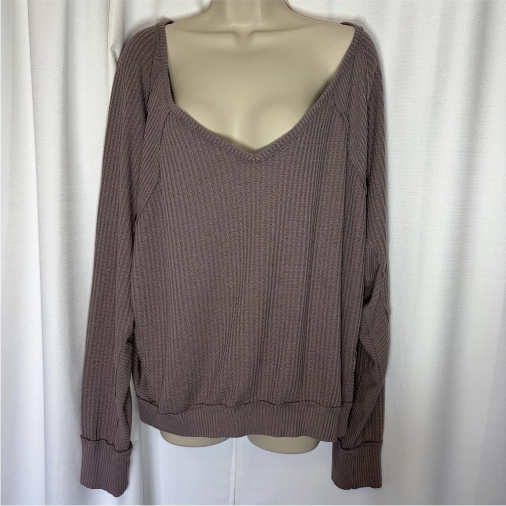 We The Free People Santa Clara V-neck Thermal Top S Oversized Gray Lavender Boho - Picture 3 of 9